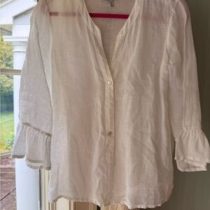 White 100% Linen Button-Up Blouse with Flared Sleeves